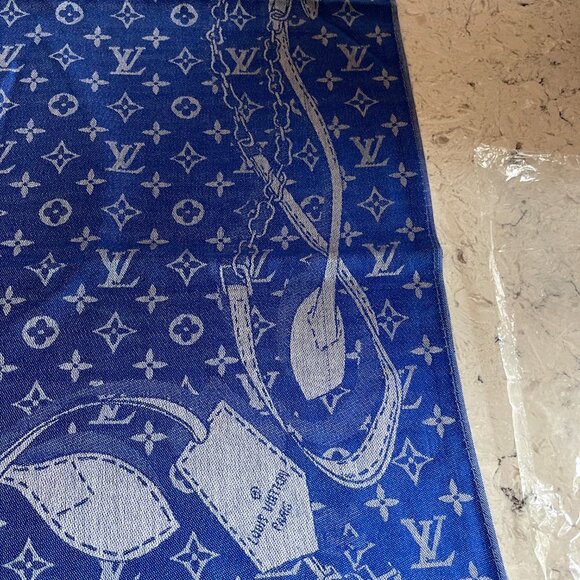 LV WOOL AND CASHMERE SCARF - BLUE AND GREY - RECTANGLE - VERY PRETTY - BRAND NEW - Picture 4 of 15